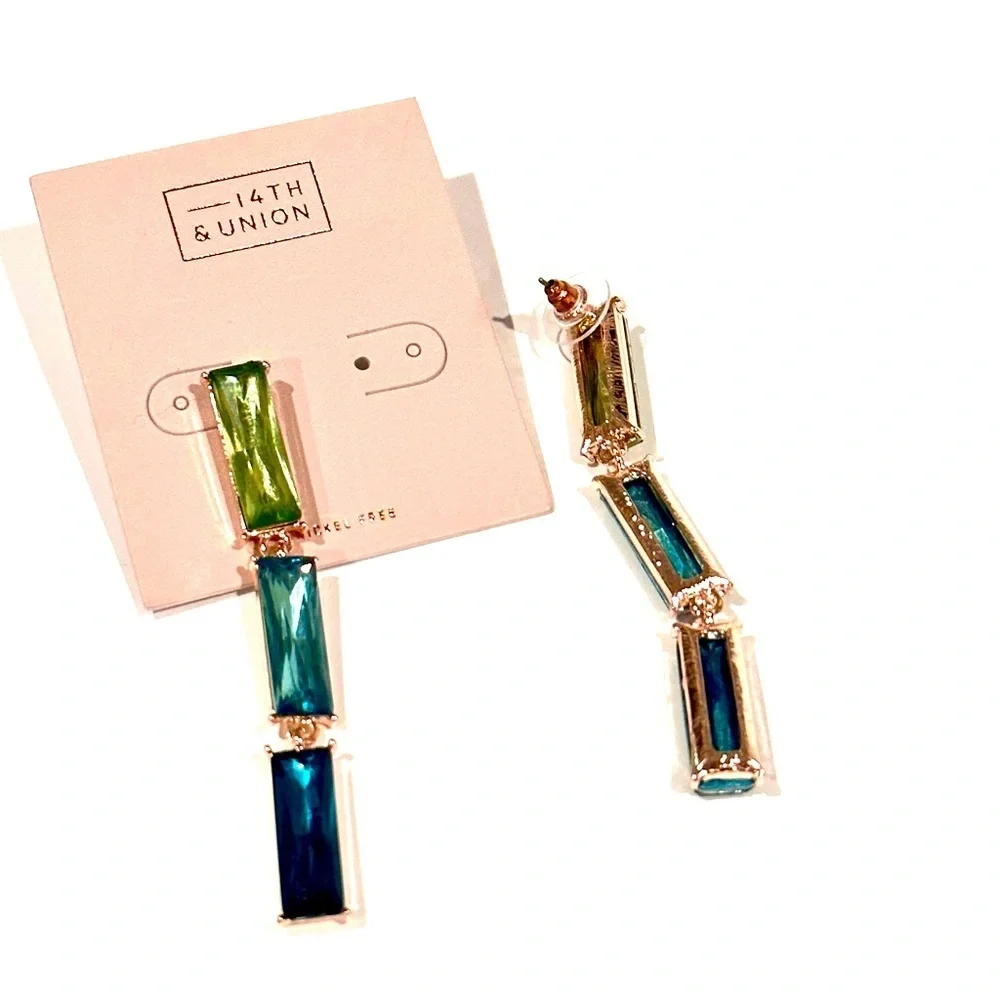 14TH & UNION Blue Green Ombré Baguette Crystal Drop Earring NWT​ - Picture 4 of 7